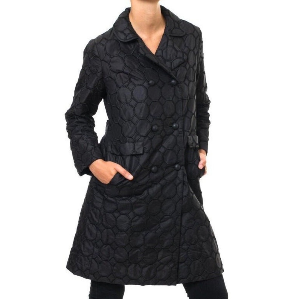 1960's Lanson Black Embroidered Cubic Design Mod Coat Black M/S Vintage